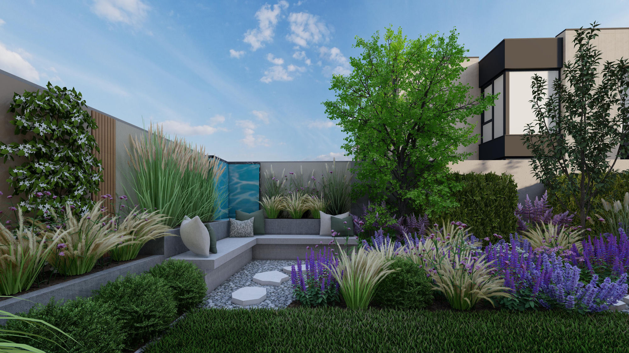 Grădină modernă proiectată — spațiu de relaxare cu plante și piscină